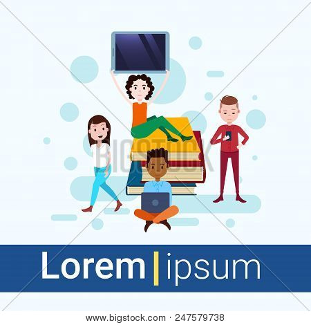 Girl Sitting Booking Stack Hold Tablet Boy With Gadgets Template For Design Work And Animation On Wh