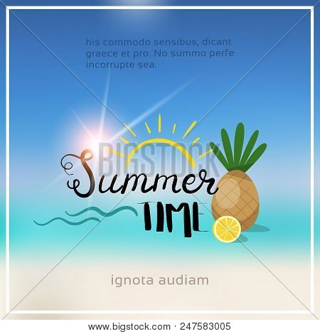 Pineaple Summer Blurred Sea Bokeh Beach Background Frame Design Badge Vacation Season Holidays Lette