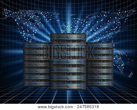 Illustration Of Global Communications With Hree Server Racks, Data Center Icon On Background With Wo
