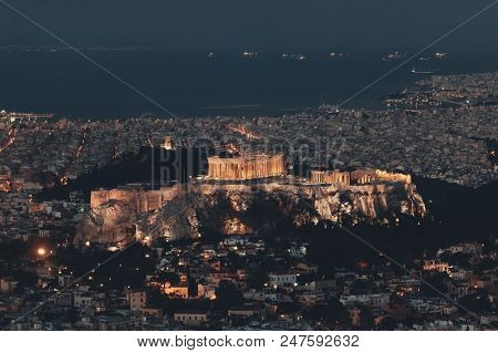 Athens skyline at night viewed from Mt Lykavitos with Acropolis, Greece.