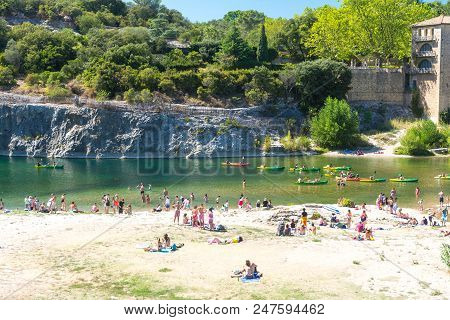 Remoulins,france-august 12, 2016: People Pont Du Gard Roman Aqueduct
