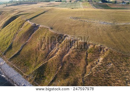 Aerial View Of The Ale Stones An Ancient Stone Ship Formation Located At Kaseberga In The Swedish Pr