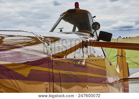 Closeup View Of Zlin Z-37 Cmelak Agricultural Airplane From Outside Made In Czechoslovakia.