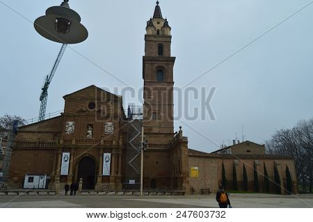 Main Facade Of The Calahorra Cathedral On A Very Rainy Day. Architecture, Art, History, Travel. Dece