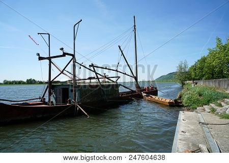 One Of The Last Big Professional Fishermen Ships On The Danube Near Regensburg In Germany