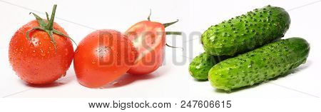 Organic Tomatoes And Cucumber Vegetables On White Background