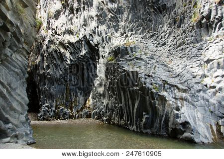 Unique Rock Column Formations Of The Lava Of Etna Volcano, In Alcantara, Sicily, Italy