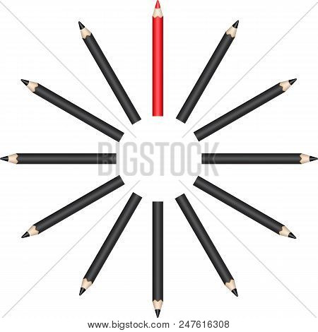 Black Pencils In A Circle With Leading Red Pencil. Vector Illustration