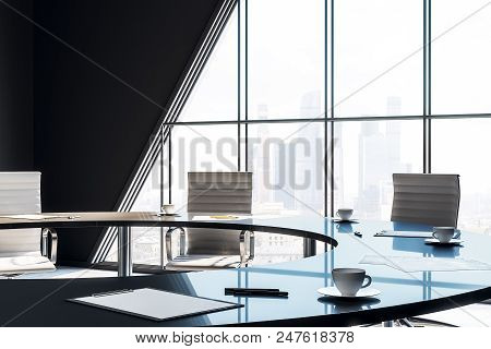 Modern Office Meeting Room Interior With Cityview In The Morning. 3d Render