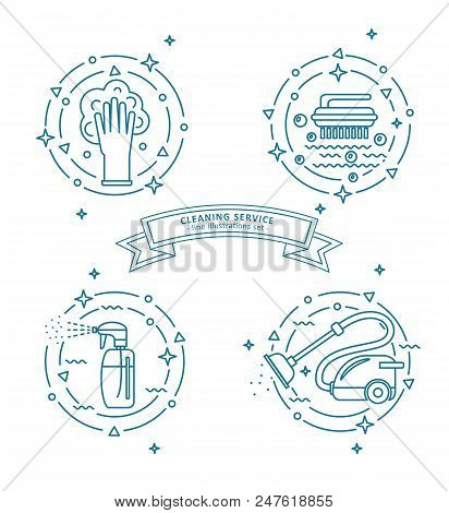 Set Of Cleaning Service Illustrations. Different Cleaning Tools In Line Art Style.