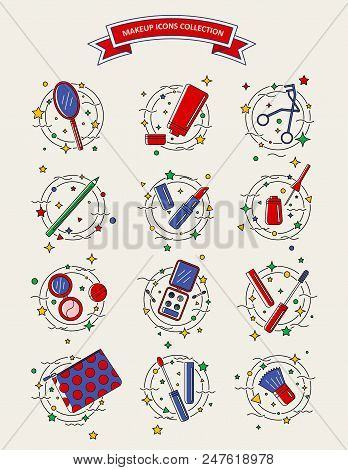 Set Of Different Make Up And Cosmetic Tools. Line Icons.