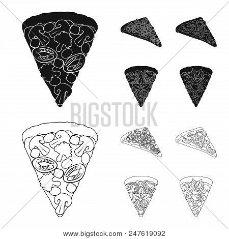 A Slice Of Pizza With Different Ingredients. Different Pizza Set Collection Icons In Black, Outline 