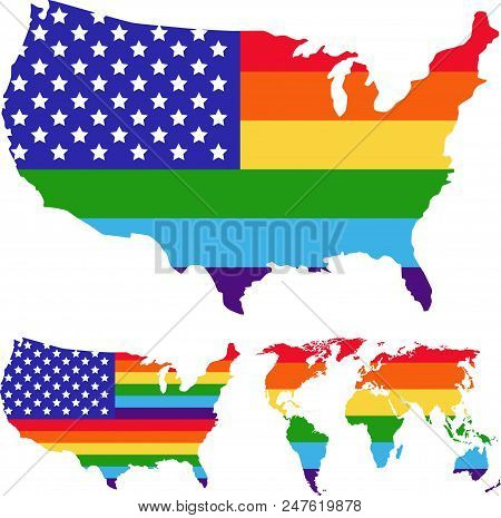 Lgbt Rights Symbols. Love Is Love Concept. World And Usa Map. Lgbt Gay And Lesbian Pride Stickers Wi