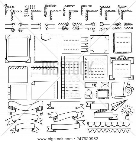 Bullet Journal Hand Drawn Vector Elements For Notebook, Diary And Planner. Doodle Banners Isolated O
