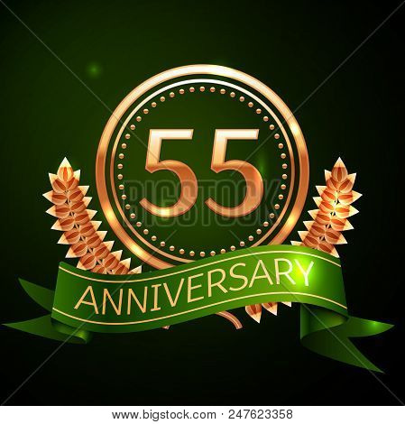 Realistic Fifty Five Years Anniversary Celebration Design With Golden Ring And Laurel Wreath, Green 