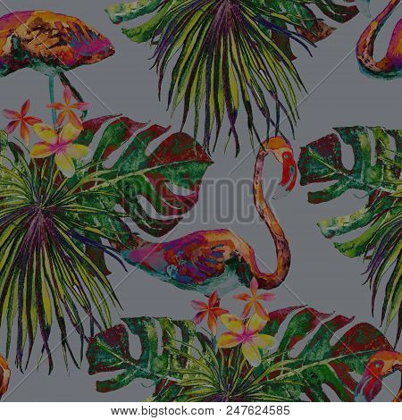 Flamingo Pattern. Tropical Summer Green Red Print. Exotic Spring Textile Background With Birds. Fash