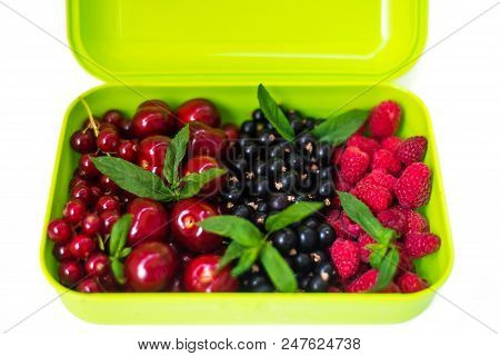 Berry Mix: Cherry, Red And Black Currant, Raspberry In A Light Green Container.