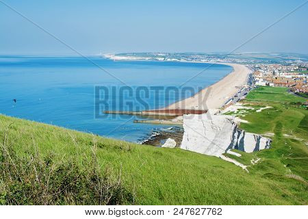 Seaford Head, East Sussex, England. View Of The White Chalk Cliffs, Part Of Seven Sisters National P