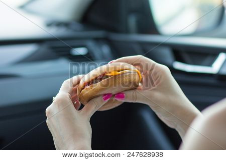Beautiful Girl Holding A Cheeseburger With Her Hands
