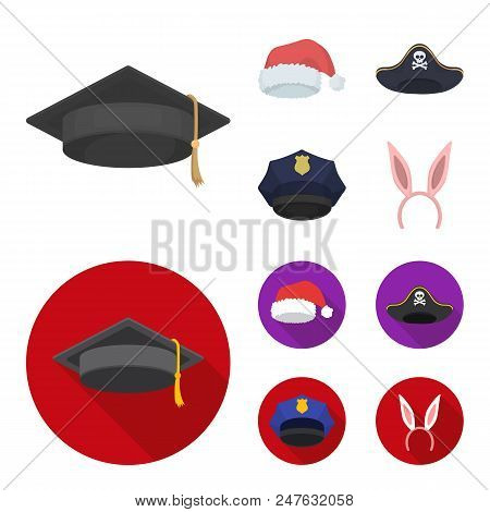 Graduate, Santa, Police, Pirate. Hats Set Collection Icons In Cartoon, Flat Style Vector Symbol Stoc