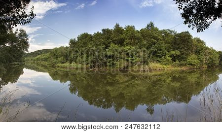 Panoramic View Of A Beautiful Calm River With Reflection.ropotamo River, Bulgaria