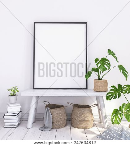 Mock Up Poster On Old Bench With Flowers And Baskets, 3d Illustration