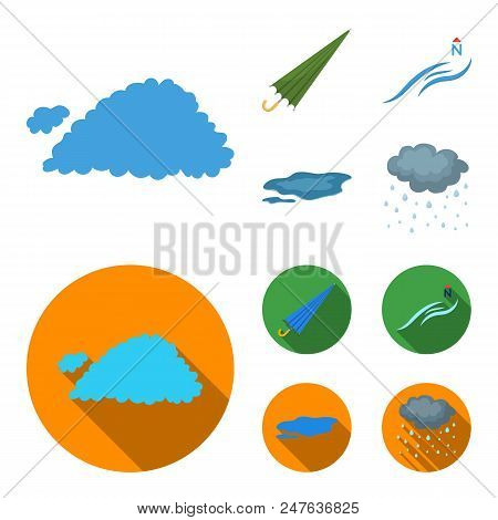 Cloud, Umbrella, The North Wind, A Puddle On The Ground. The Weather Set Collection Icons In Cartoon