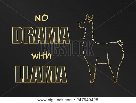 Cute Cartoon Llama Drawing On Black Background, Simple Vector Animal Illustration. No Dramma