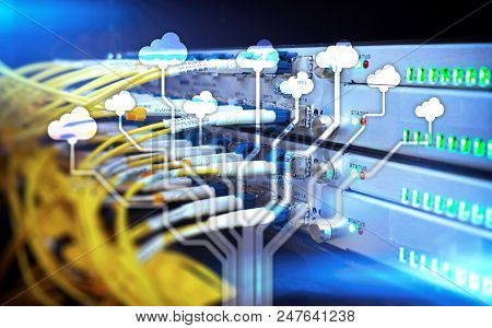 Big data analytics, internet and modern technology concept on server room background.