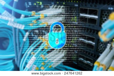 Big data analytics, internet and modern technology concept on server room background.