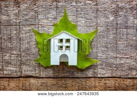 Miniature White Toy Model House With Green Maple Leaf On Wooden Backgdrop. Eco Village, Abstract Env
