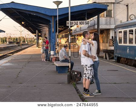 Novi Sad, Serbia - May 30, 2015, 2015: Two Couples Of White Caucasian Male And Females Kissing In No