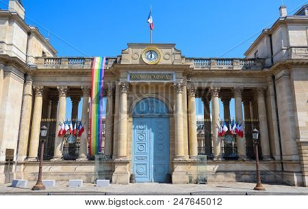 The French National Assembly-bourbon Palace Decorated With Rainbow Lgbt Flag On The Occasion Of Prid