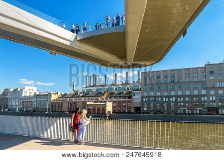Moscow - June 16, 2018: People Visit The Floating Bridge In Zaryadye Park During Fifa World Cup In M