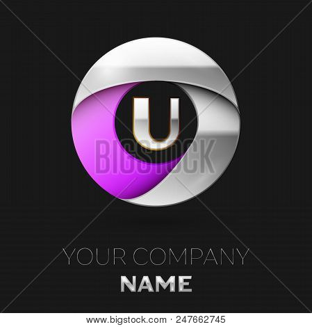 Realistic Silver Letter U Logo Symbol In The Colorful Silver-purple Circle Shape On Black Background