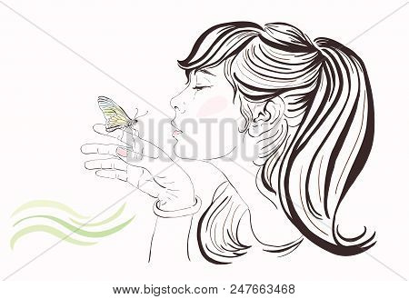 Beautiful Girl With Butterfly, Raster Hand-drawn Illustration. Copy Space. Line Art Young Woman Pict