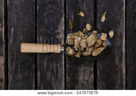 Gold Ore Nuggets In Shovel On Old Adventurer Table. Goldminer Treasure Hunter Concept.