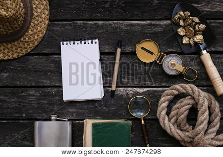 Blank Page Notepad, Tourist Hat, Flask, Diary Book, Shovel Full Of Gold Ore, Compass, Rope And Magni