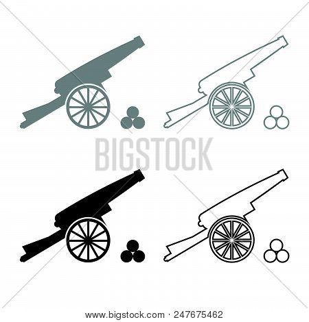 Medieval Cannon Firing Cores Icon Set Grey Black Color Illustration Flat Style Simple Image