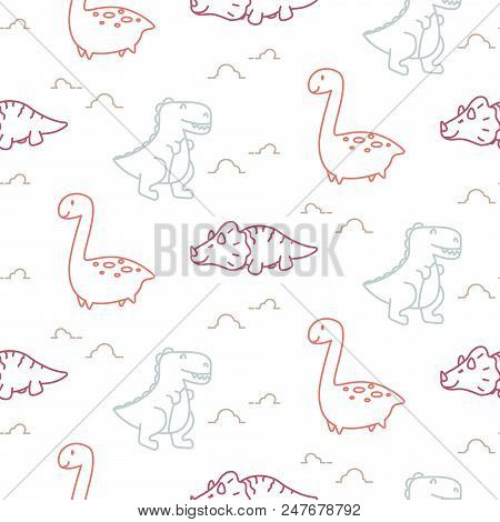 Dinosaurs Line Style Cute Baby Seamless Vector Pattern. Child Animals Repeat Background For Kids App