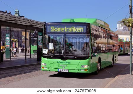 Malmo, Sweden - June 27, 2018: A Green M.a.n City Bus In Service For Skanetrafiken Public Transporta