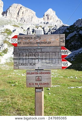 Singpost In The Dolomite Mountains, Northern Italy