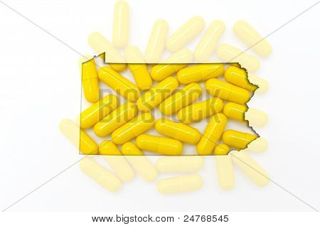 Kontur kort over Pennsylvania med gennemsigtig piller i baggrunden