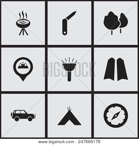 Set Of 9 Editable Camping Icons. Includes Symbols Such As Suv, Pinpoint, Jackknife And More. Can Be 
