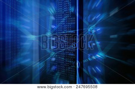 Big Data Analytics, Internet And Modern Technology Concept On Server Room Background.