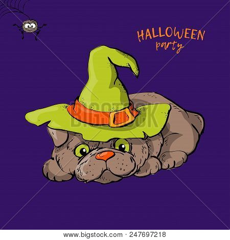 Cartoon Cute Dog Character In A Witch S Hat With A Skull Capkake And A Halloween. Vector Illustratio