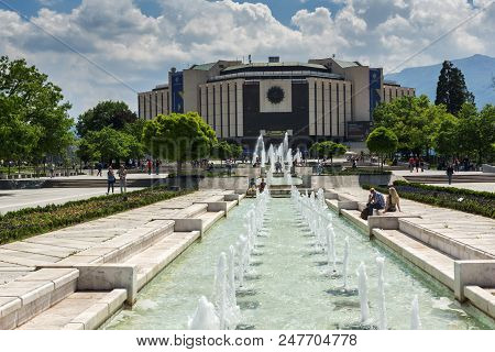 Sofia, Bulgaria -may 20, 2018: Fountains In Front Of  National Palace Of Culture In Sofia, Bulgaria