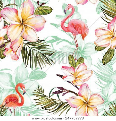 Beautiful Flamingo And Pink Plumeria Flowers On White Background. Exotic Tropical Seamless Pattern. 