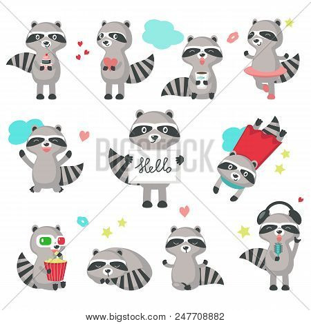 Cute Raccoon Icon Set For Greeting Card, Invitation, Poster, Sticker, Print. Vector Isolated Illustr