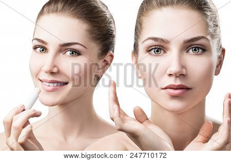 Beautiful Woman Applying Hygienic Lipbalm. Over White Background.
